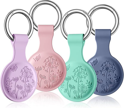 Lerobo Flower Engraved for AirTag Holder Keychain Silicone AirTag Case Cover Anti-Scratch Air Tags 4 Pack for Cat Collar Anti-Lost Air Tags Accessories for Bags Keys Backpack Luggage Finder Tracker