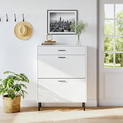 Narrow Shoe Storage Cabinet - Slim Shoe Cabinet with 2 Flip Drawers White Shoe Organizer Cabinet for Entryway & Front Door Entrance