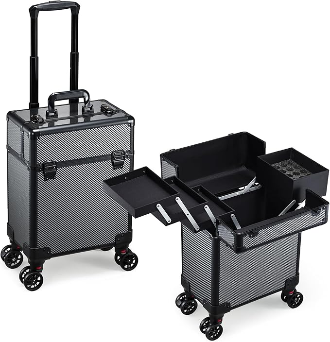 Rolling Makeup Case, Cosmetology Case on Wheels Makeup Train Case Professional Vanity Case with Trays for Women Large Travel Makeup Box Organizer Makeup Trolley on Wheels with Key,Ashy Grey