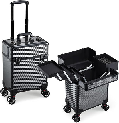 Rolling Makeup Case, Cosmetology Case on Wheels Makeup Train Case Professional Vanity Case with Trays for Women Large Travel Makeup Box Organizer Makeup Trolley on Wheels with Key,Ashy Grey
