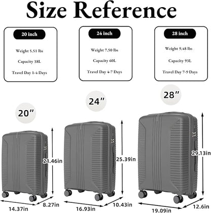 3-Piece PP Hard Shell Spinner Luggage Set (20" 24" 28") with Combination Lock, Adjustable Pull Rod Suitcases,Silver Grey