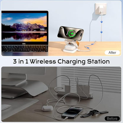Wireless Charger for iPhone, KU XIU 3 in 1 Travel Charging Station for iPhone 17/16/15/14/13/12 Series, 5W Foldable Charger for Apple Watch10/9/8/7/6/5/4/3/SE, for Airpods 4/3/2/Pro
