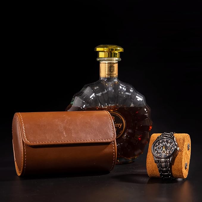 MR.OKAY 2 Watch Travel Case-Classic Leather Watch Case With Superb Texture.Portable Watch Roll Or Organizer For Storage And Display. Best Travel Gift for Men,All Handcrafted By Artisans.