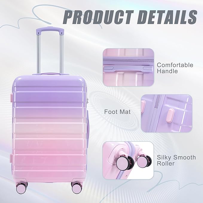 Campfun 3 Piece Luggage Sets, PC Gradient Color Suitcase Set with Double Spinner Wheels, Durable Carry On Luggage with Combination Lock, 20/24/28 inch, Purple+Pink