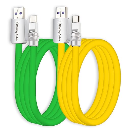 chubbycable Couple Chubby 2-Pack 120W USB C Cable Extra Thick Silicone Fast Charging Cable Compatible with iPhone 17-15 Series iPad Galaxy Series, Green+Yellow, USB-A to Type-C, 16.4FT