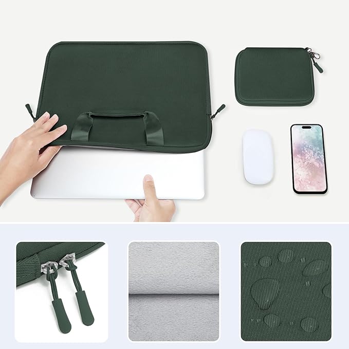 MOSISO Laptop Case 13.3 inch, 13-13.3 inch Laptop Sleeve Bag Compatible with MacBook Air/Pro 13 / Pro 14, HP Dell ASUS, Neoprene Carrying Computer Bag with Handle&Detachable Small Case, Emerald Green