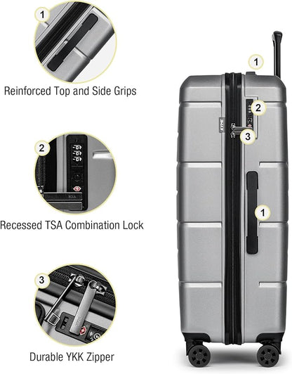 KYME Large Suitcases with Wheels Hardshell 28 Inch Luggage TSA Approved Big Checked Luggage Durable Travel Rolling Suitcase Women Men Silver Grey