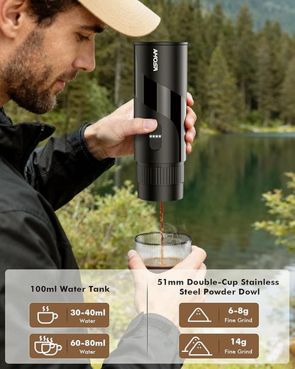 Portable Electric Espresso Machine & Manual Coffee Grinder & Electric Milk Frother All in 1 Mini Travel Coffee Maker Set for Camping, Car, RV, Hiking, Office, Home, Ground Coffee & NS Capsules Pod