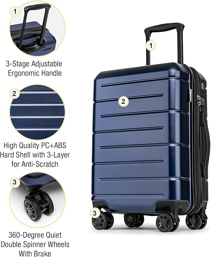KYME Carry On Luggage 22x14x9 Airline Approved Hardshell 20 Inch Luggage With TSA Lock Carry On Suitcase with Wheels Small Travel Rolling Luggage with Cup Holder for Women Men Navy