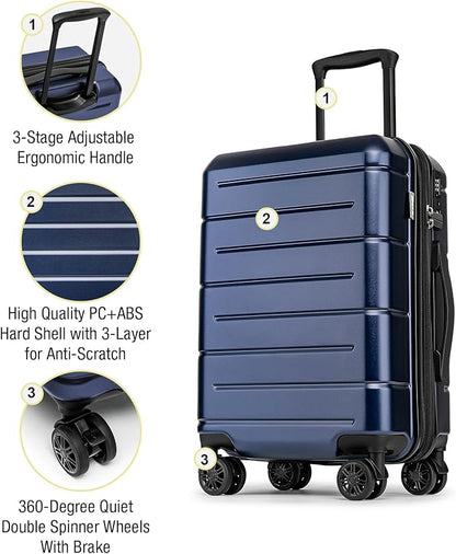 KYME Carry On Luggage 22x14x9 Airline Approved Hardshell 20 Inch Luggage With TSA Lock Carry On Suitcase with Wheels Small Travel Rolling Luggage with Cup Holder for Women Men Navy
