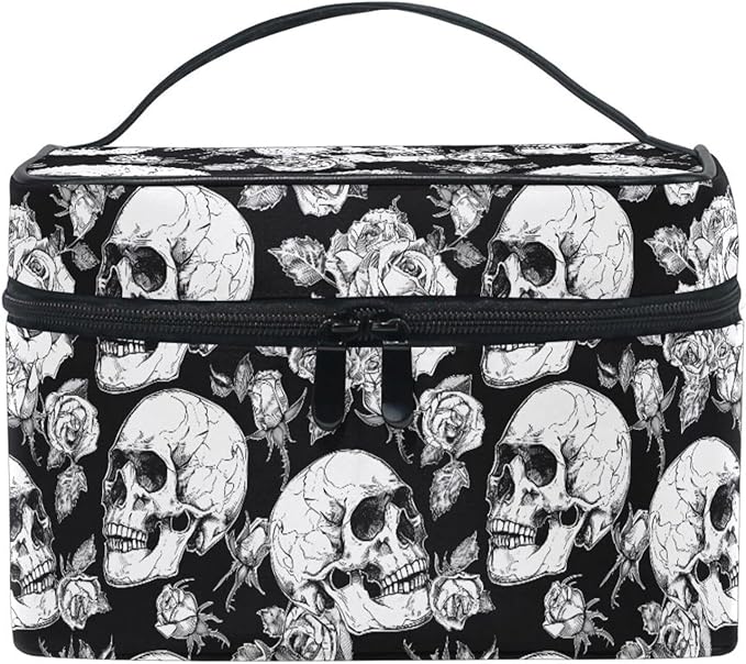 MNSRUU Makeup Bags, Gothic Skulls and Flowers Makeup Organizer Bags Toiletry Bag Box Travel Cosmetic Bag Make Up Train Case for Women Teen Girl Ladies