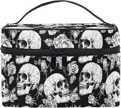 MNSRUU Makeup Bags, Gothic Skulls and Flowers Makeup Organizer Bags Toiletry Bag Box Travel Cosmetic Bag Make Up Train Case for Women Teen Girl Ladies