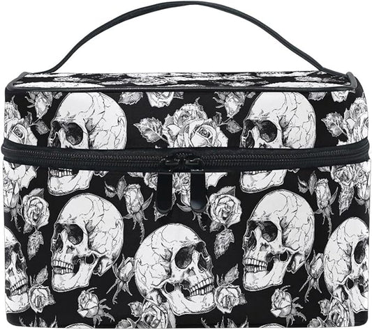 MNSRUU Makeup Bags, Gothic Skulls and Flowers Makeup Organizer Bags Toiletry Bag Box Travel Cosmetic Bag Make Up Train Case for Women Teen Girl Ladies