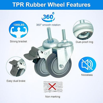 4 inch Swivel Caster Wheels Heavy Duty with Nylon Brake, 1/2" x13-1-1/2 Threaded Stem Casters Set of 4, Polyurethane Grey PU Wheels for Hospital, Lab, Furnitures,Restaurant