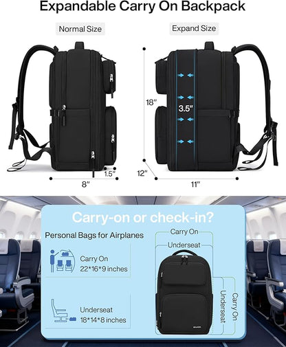 MILADA Expandable Travel Backpack 28L to 39L, TSA-Approved Carry On Backpack with 17 Inch Laptop Compartment, School Business Work Backpack for Men & Women, Black