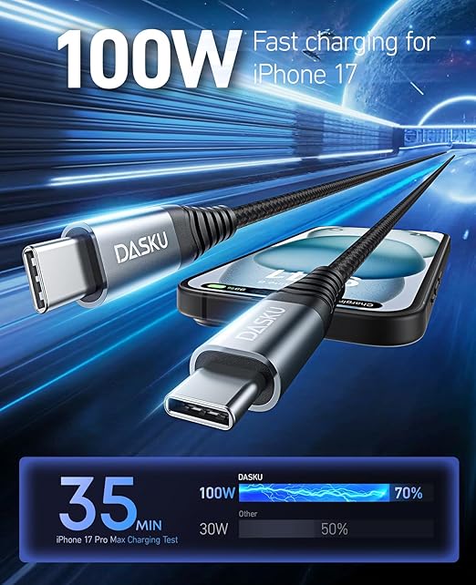 USB C to C Cable 15FT 100W 1Pack, Extra Long USB C Cable Fast Charging,USB C to USB C Cable Durable Braided, USB Type C Cord Compatible with iPhone 17/16/15/Pro Max/Plus/Samsung Galaxy S23/Switch/More
