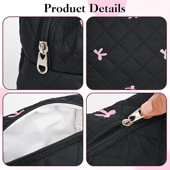 Quilted Makeup Bag Set,3 Pcs Puffy Cosmetic Bags Aesthetic Make Up Bags,Small Zipper Pouch,Travel Toiletry Bag Purse Organizer Pouches for Women (Black-Bow)