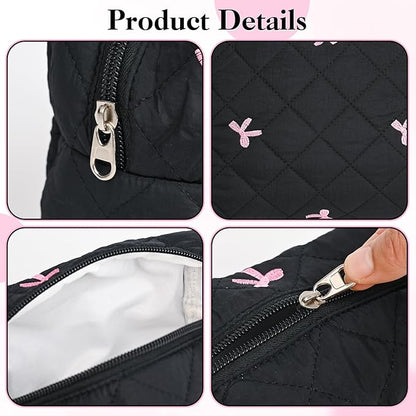 Quilted Makeup Bag Set,3 Pcs Puffy Cosmetic Bags Aesthetic Make Up Bags,Small Zipper Pouch,Travel Toiletry Bag Purse Organizer Pouches for Women (Black-Bow)