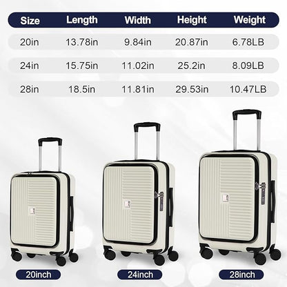 Merax Luggage Sets 3 Piece,Front Open PC Hardshell Expandable Carry on Suitcase with Spinner Wheels and TSA Lock,Lightweight 20in/24in/28in Luggage,Creamy White