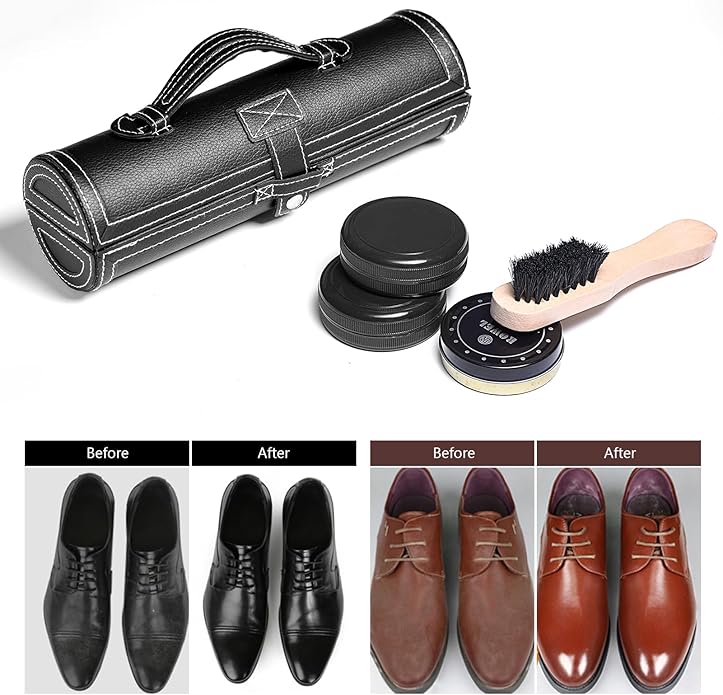 YUET 12PC Shoe Shine Kit Leather Boot Polish Kit w/Brushes and Brown, Black, Neutral Polish for Shoe Care and Cleaning