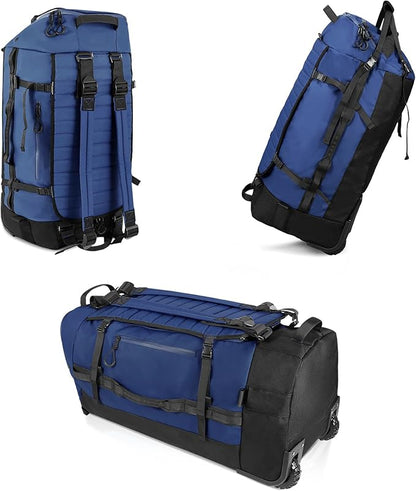 CONTAIL 86L Wheeled Duffel Bag, Soft Shell with Adjustable Web Handles, Carry On Size 29.5x14.2x12.6in, Foldable with Dual Wheels & Shoe Compartment,Navy