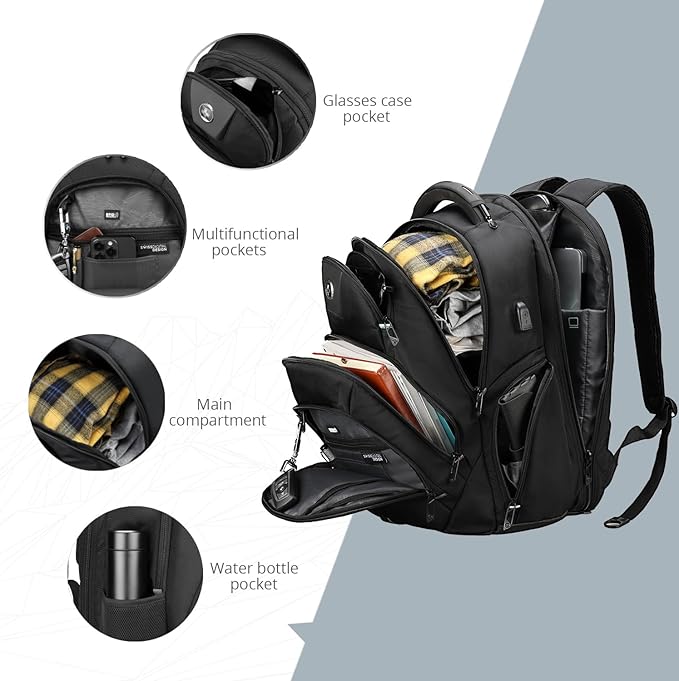 Swissdigital Design Men's Travel Laptop Backpack, TSA Friendly USB Charging RFID Protection Backpack for College and Business, Fits 17" Laptops Black | SD1644FB-01