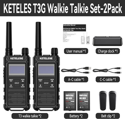 KETELESE T3G Heavy Duty Walkie Talkies for Adults, IP67 Waterproof Long Range 2 Way Radio, with Earpiece and Mic, Type-C Charge Dock&Cable, VOX, NOAA, PTT, Group 2 Pack, Black/Grey