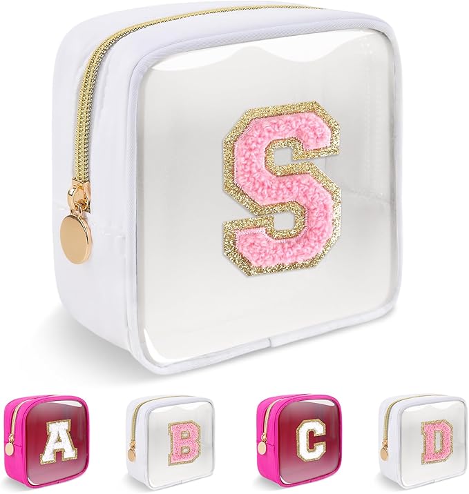 Personalized Initial Letter Clear Preppy Makeup Bag,Mini Nylon Chenille Letter Cosmetic Bag Cute Zipper Pouch Purse for Teen Girls,Portable TSA Approved Beach Travel Essentials Bag Gift for Women,S