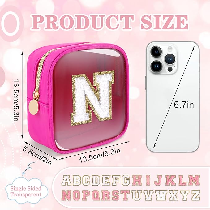 Mini Clear Personalized Initial Makeup Bag,Nylon Preppy A-Z Chenille Letter Patch Zipper Cosmetic Bag, Small Cute Beach Pouch Travel Purse Sanitary Napkin Storage Bag for Women Girls(Hot Pink-White N)