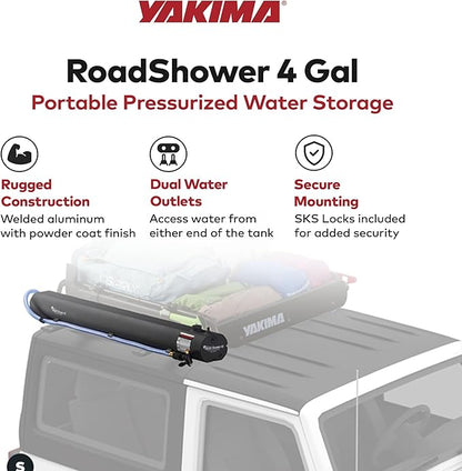 Yakima RoadShower Portable Aluminum Pressurized Water Storage with Garden Hose Adapter and 2 Outlet Water Ports