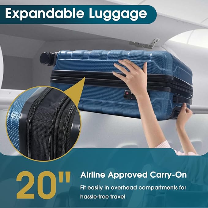 Hardshell Checked Luggage with Spinner Wheels, Expandable ABS Suitcase with TSA Lock, Travel Luggage with Telescopic Handle (Blue, 20 Inch)