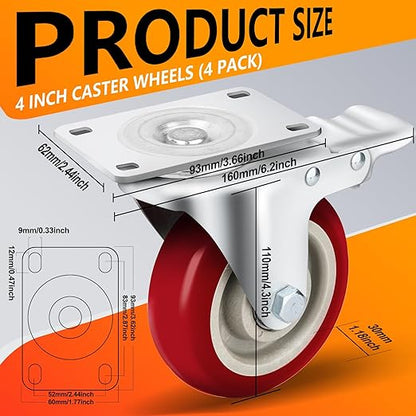Caster Wheels 4 Inch, Heavy Duty Caster Set of 4, Swivel Castor Wheel with Dual Locking Brakes, Silent Polyurethane (PU) Wheels, 360° Rotation, for Furniture and Workbench, Load 2600lbs
