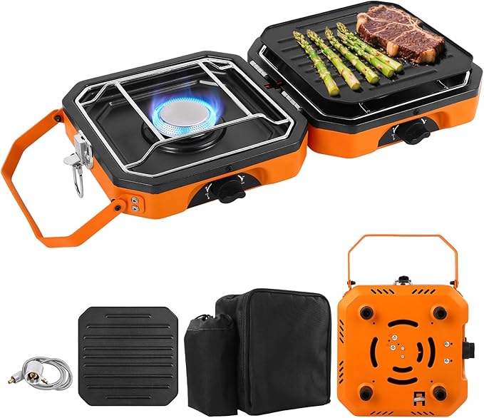 Dollate 2-Burner Propane Stove with Griddle and Carrying Bag, Portable Foldable Camping Stove with 2 Adjustable Burners 16000 BTUs,for Camping Tailgating Essentials Gear (Orange)