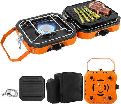 Dollate 2-Burner Propane Stove with Griddle and Carrying Bag, Portable Foldable Camping Stove with 2 Adjustable Burners 16000 BTUs,for Camping Tailgating Essentials Gear (Orange)