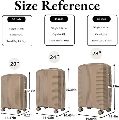 3-Piece PP Hard Shell Spinner Luggage Set (20" 24" 28") with Combination Lock, Adjustable Pull Rod Suitcases, Champagne