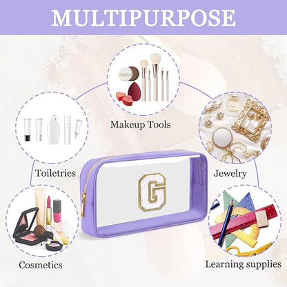 Small Clear Personalized Initial Makeup Bag,Nylon Preppy A-Z Chenille Letter Patch Cosmetic Pouch Beach Toiletry Bag,Waterproof Zip Travel Purse Storage Bag Organizer for Women Girls(Purple-White G)