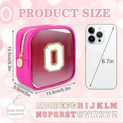 Mini Clear Personalized Initial Makeup Bag,Small Nylon Waterproof Zip Beach Cosmetic Pouch,Preppy A-Z Chenille Letter Patch Cute Coin Purse Travel Toiletry Bag Car Pack Bag for Women(Hot Pink-White O)