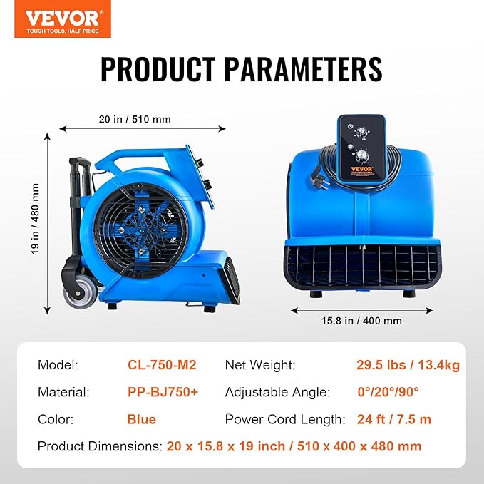VEVOR Floor Blower, 1560 RPM 4000 CFM, Air Mover for Drying and Cooling, Portable Carpet Dryer Fan with 3 Blowing Angles, Timer, 3-Speeds Adjustment, for Janitorial, Home, Commercial Use