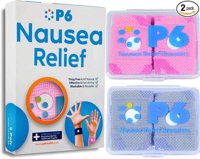 P6 Motion Sickness Bands for Adults Wristbands for Anti Nausea Sea Cruise Travel Car Pregnancy Morning Sickness All-Natural Non Drowsy Relief Acupressure Treatment (2 Pack, White - Pink)