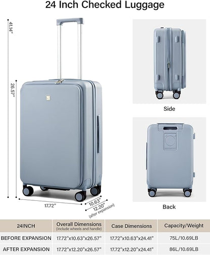 Hanke 24Inch Expandable Luggage Top Opening Medium Checked Luggage Hard Shell Suitcases with Wheels Travel Luggage Rolling Suitcase with Cup Holder(Grey)