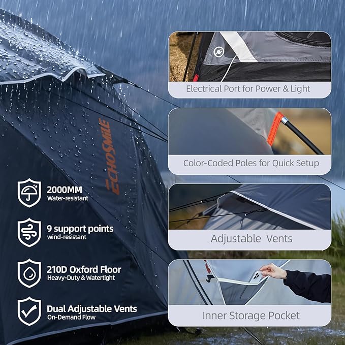 EchoSmile Tents for Camping, Waterproof Windproof Tent with Multi-Pole, 3-5 Person Spacious Dome Tent with Expandable Space for Shoes, Packs & Wet Items, Easy Setup Tent for Camping & Hiking