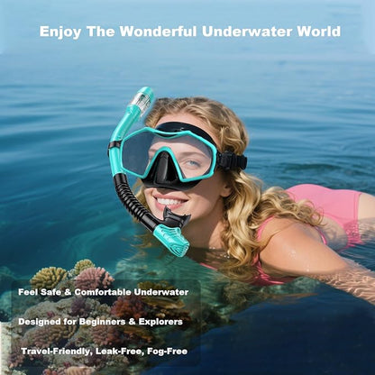Snorkeling Gear for Adults,Dry-Top Snorkel Mask Set with Tempered Glass,Anti-Fog & Anti-Leak Panoramic Swim Mask,Adjustable Snorkel Kit with Carry Bag for Scuba Diving,Swimming,Travel