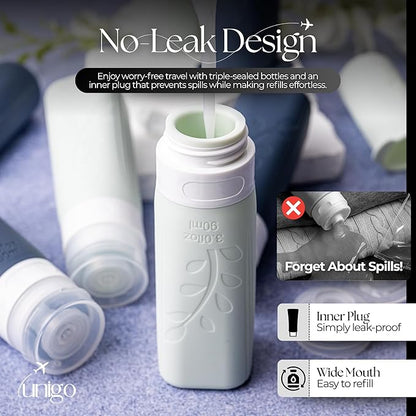 unigo Travel Bottles For Toiletries, 3.oz TSA Approved Containers, Travel Size Toiletries, Shampoo and Conditioner Bottles, Leak Proof and Refillable Bottles, Extra Bottle Covers (White,Black)
