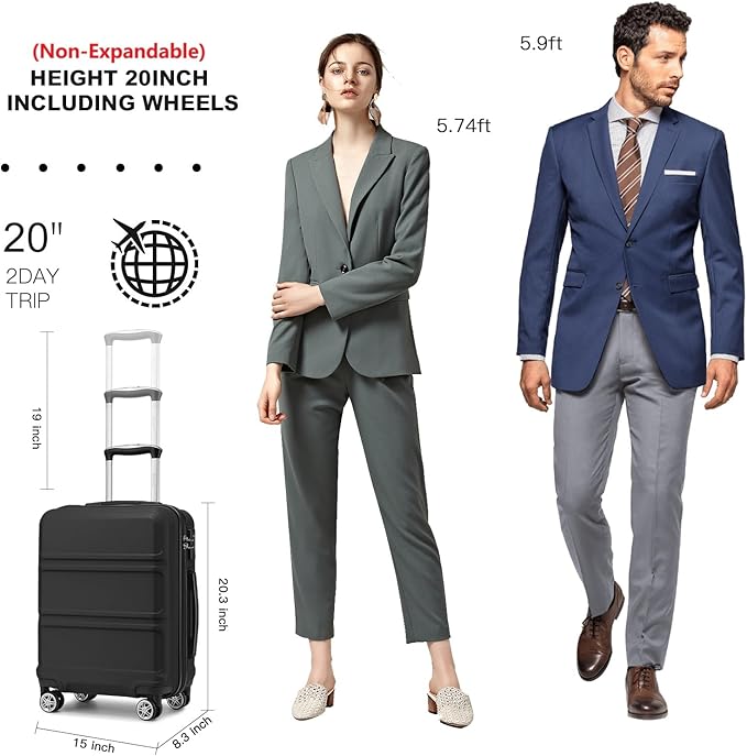 Kono 19" Carry on Luggage with Spinner Wheel TSA Lock, Lightweight PC+ABS Hardside Luggage Durable Small Carry on Suitcase, Black