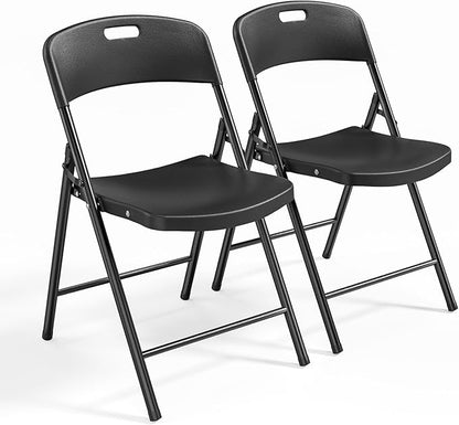 Bonnlo 2-Pack Black Plastic Folding Chairs, Portable Seat with Sturdy Steel Frame for Indoor & Outdoor Use, Perfect for Banquet, Party, Wedding, Office, and Camping