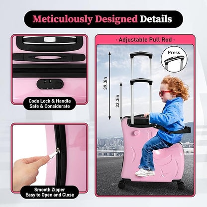 DNYSYSJ 20 Inch Children's Ride On Trolley , Portable Universal Wheel Carry On Luggage, Waterproof Unisex Boys Girls Travel Suitcase With Lock, ABS+PC (Pink)