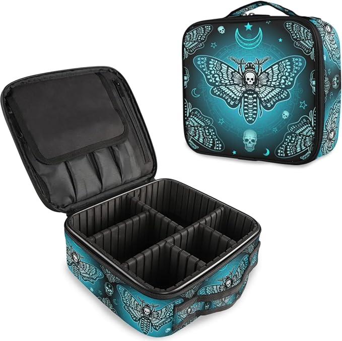 MNSRUU Travel Makeup Bag, Butterfly Skull Makeup Bag Organizer Goth Cosmetic Bag for Women Travel Toiletry Bag with Adjustable Dividers