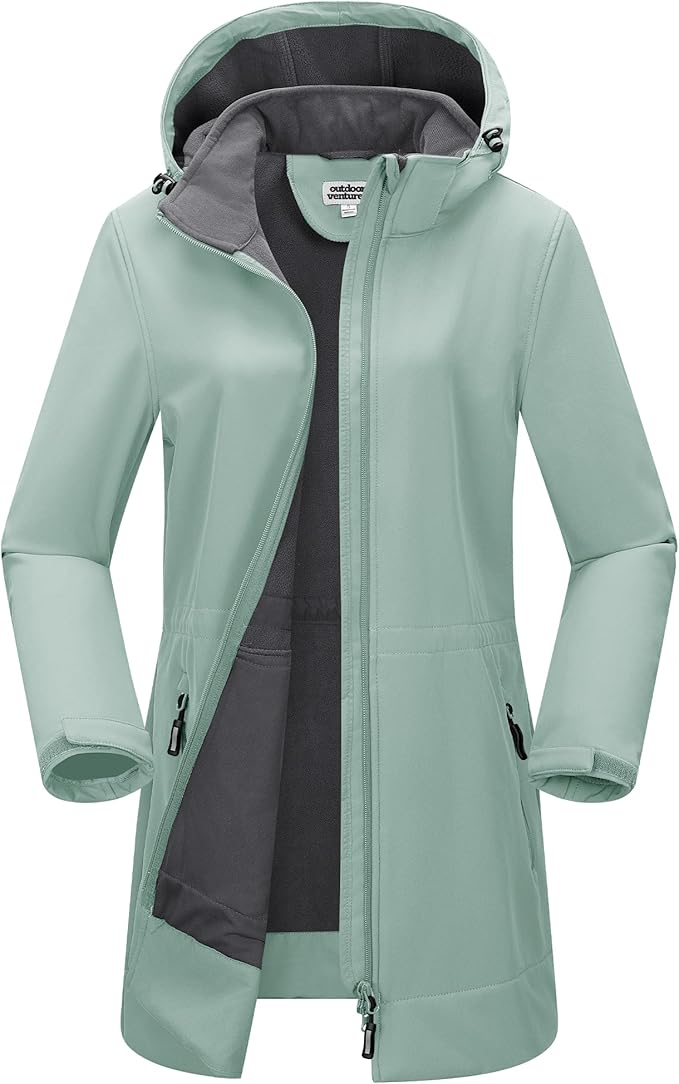 Outdoor Ventures Women's Softshell Jacket with Removable Hood Fleece Lined Windbreaker Insulated Long Warm Rain Jacket