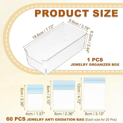 PATIKIL Clear Jewelry Box, Organizer Holder Box with 60 Pcs Portable Anti Tarnish Jewelry Bags, Travel Case for Women Earrings Rings Necklaces Bracelets, Blue 3 Size