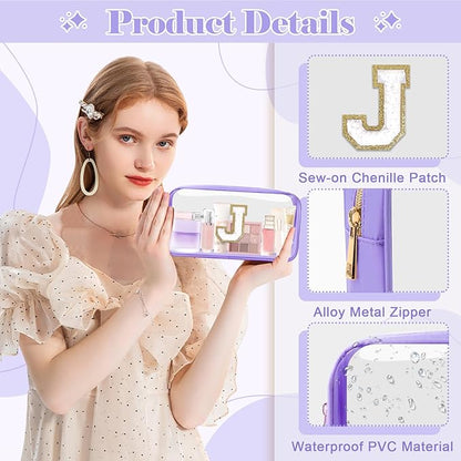 Personalized Initial Letter Clear Makeup Bag,Preppy Small Nylon&PVC Cosmetic Zipper Bag with Chenille Letter,Travel Skincare Toiletry Bag,Monogram Christmas Gift for Teen Girls Women,J